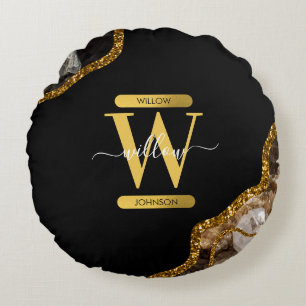 Black & Gold Agate Geode Glitter Monogram Round Pillow
