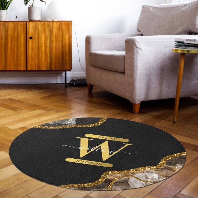 Black & Gold Agate Geode Glitter Monogram Rug (Black & Gold Agate Geode Glitter Monogram Outdoor Rug)