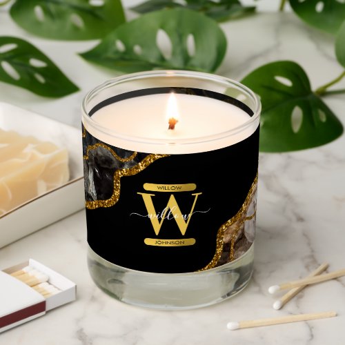 Black  Gold Agate Geode Glitter Monogram Scented Candle