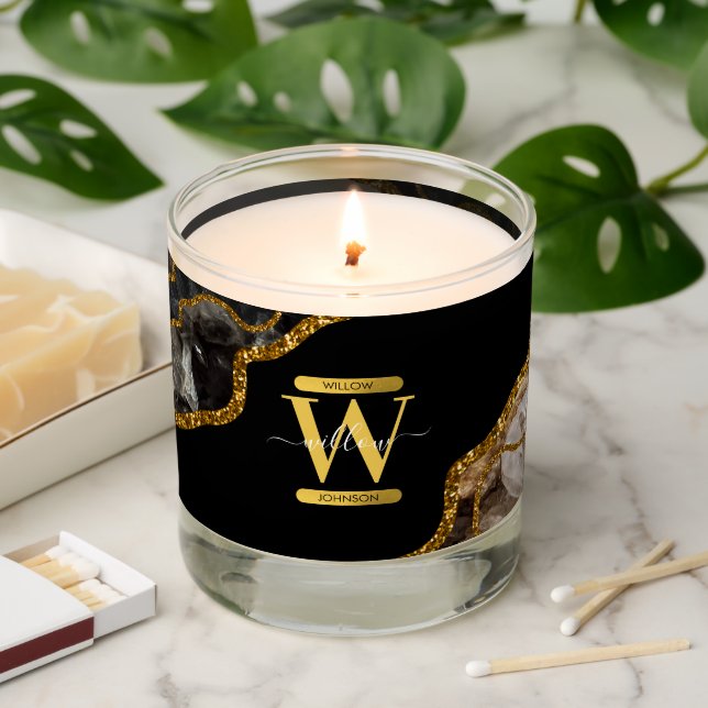 Black & Gold Agate Geode Glitter Monogram Scented Candle (Lit)