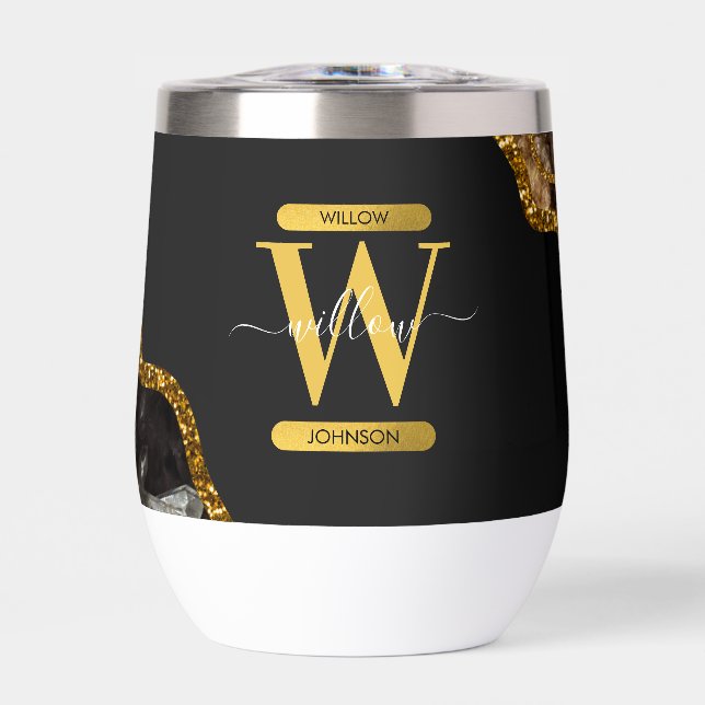 Black & Gold Agate Geode Glitter Monogram Thermal Wine Tumbler (Front)