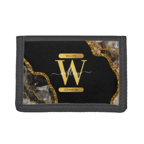 Black & Gold Agate Geode Glitter Monogram Tri-fold Wallet