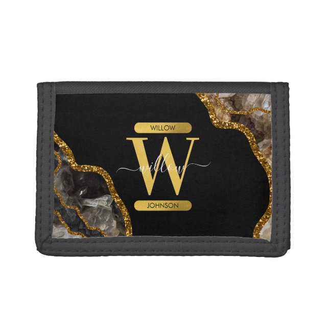Black & Gold Agate Geode Glitter Monogram Trifold Wallet (Front)