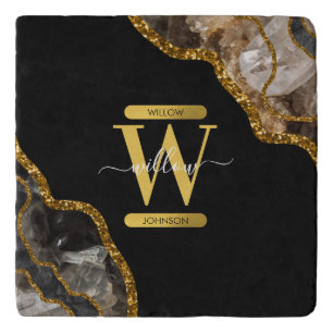 Black & Gold Agate Geode Glitter Monogram Trivet