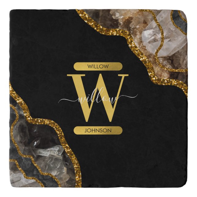 Black & Gold Agate Geode Glitter Monogram Trivet (Front)