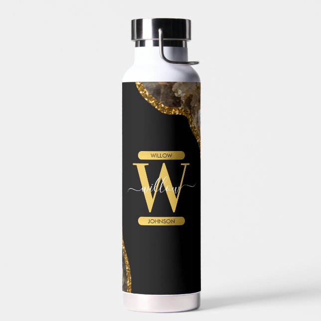 Black & Gold Agate Geode Glitter Monogram  Water Bottle (Left)