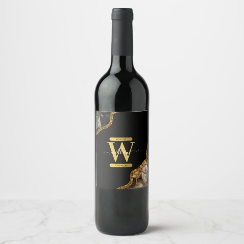 Black  Gold Agate Geode Glitter Monogram Wine Label