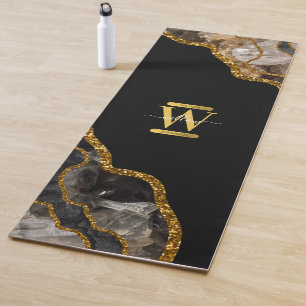 Black & Gold Agate Geode Glitter Monogram Yoga Mat