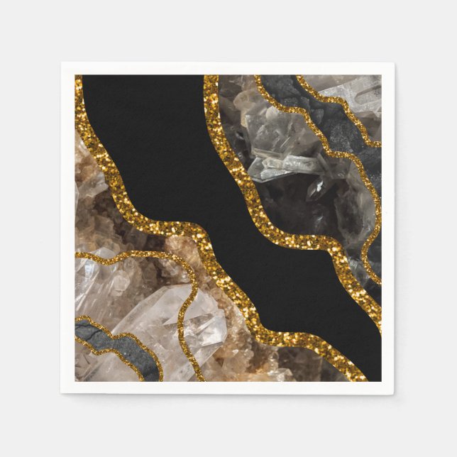 Black & Gold Agate Geode Glitter Napkins (Front)