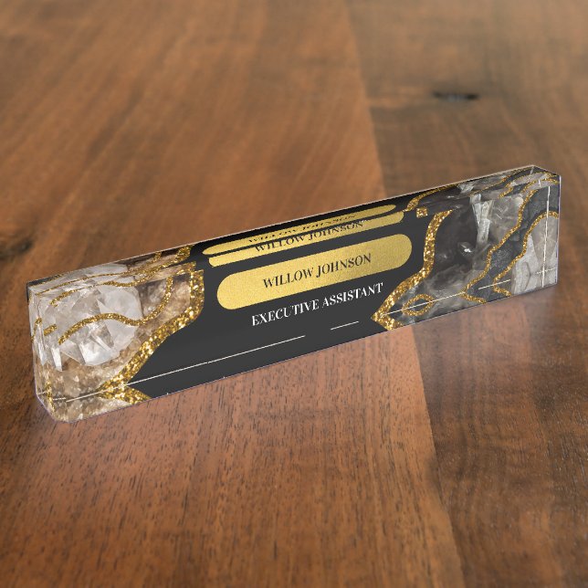 Black & Gold Agate Geode Glitter Office Desk Name Plate (Side)