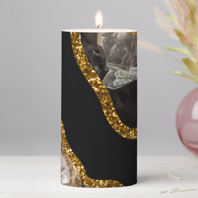 Black & Gold Agate Geode Glitter Pillar Candle (In Situ)