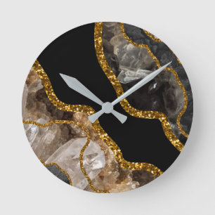 Black & Gold Agate Geode Glitter Round Clock