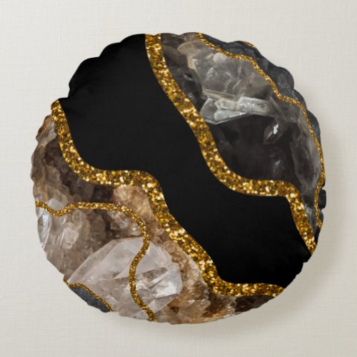Black  Gold Agate Geode Glitter Round Pillow