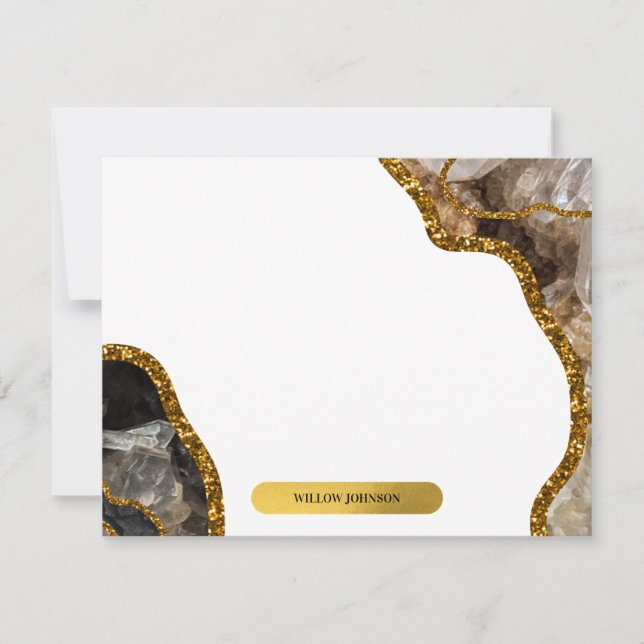 Black & Gold Agate Geode Glitter Stationery Note Card (Front)
