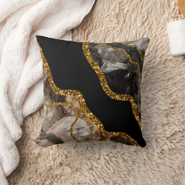 Black & Gold Agate Geode Glitter Throw Pillow (Blanket)