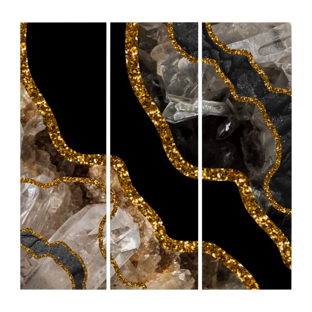 Black & Gold Agate Geode Glitter Triptych (Front)