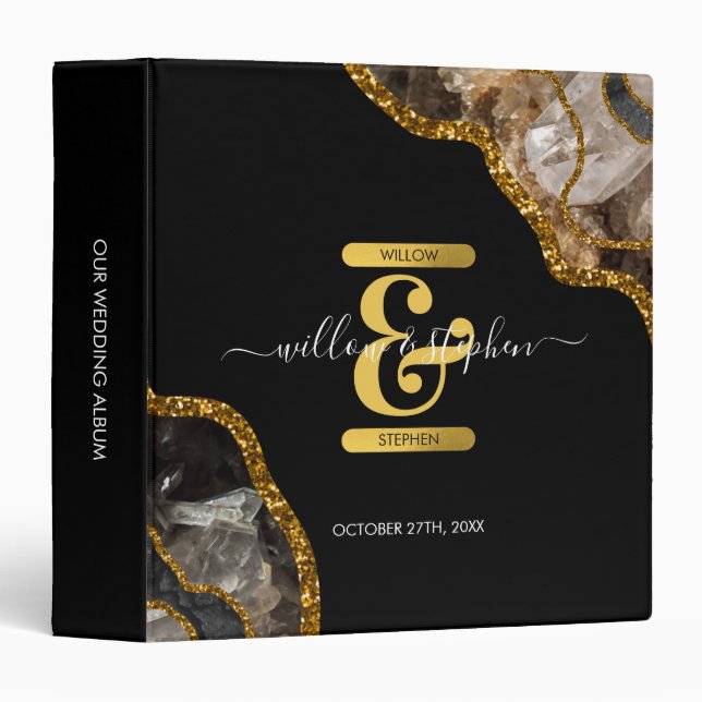 Black & Gold Agate Geode Glitter Wedding Album 3 Ring Binder (Front/Spine)