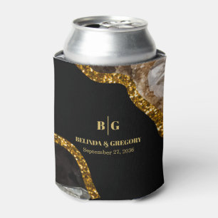 Black & Gold Agate Geode Glitter Wedding Can Cooler