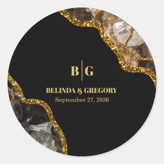 Black & Gold Agate Geode Glitter Wedding Classic Round Sticker (Front)