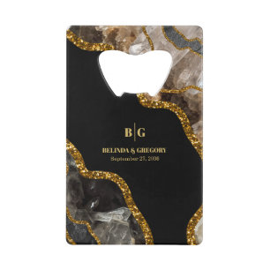 Black & Gold Agate Geode Glitter Wedding  Credit Card Bottle Opener