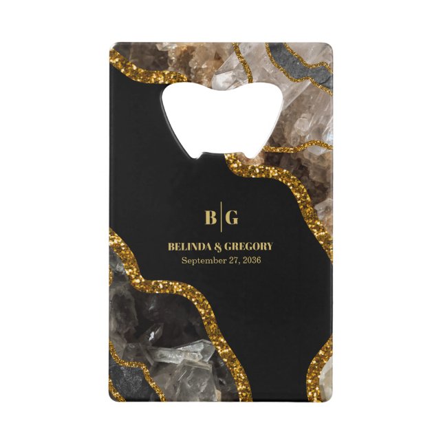 Black & Gold Agate Geode Glitter Wedding  Credit Card Bottle Opener (Front)
