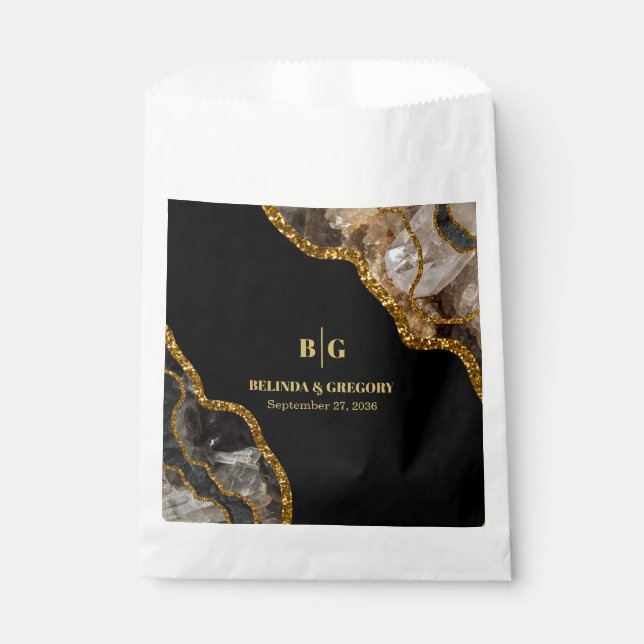 Black & Gold Agate Geode Glitter Wedding Favor Bag (Front)