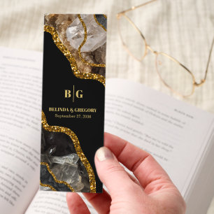 Black & Gold Agate Geode Glitter Wedding Favor Bookmarks