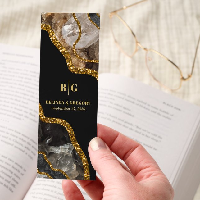 Black & Gold Agate Geode Glitter Wedding Favor Bookmarks (Hand)