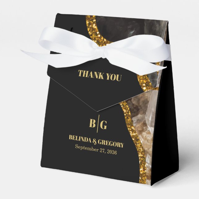 Black & Gold Agate Geode Glitter Wedding Favor Boxes (Front Side)