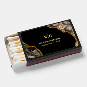 Black & Gold Agate Geode Glitter Wedding Favor Matchboxes