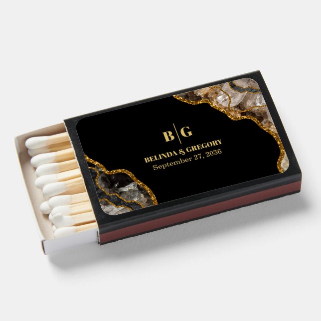 Black & Gold Agate Geode Glitter Wedding Favor Matchboxes (Front Open)