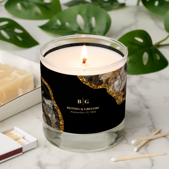 Black & Gold Agate Geode Glitter Wedding Favor Scented Candle (Lit)