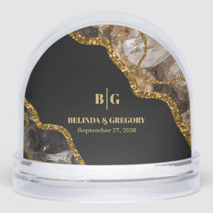 Black & Gold Agate Geode Glitter Wedding Favor Snow Globe