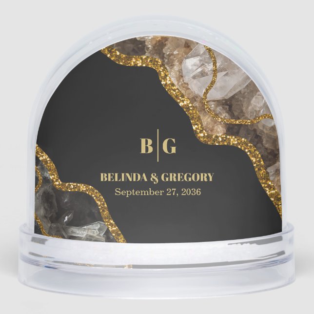 Black & Gold Agate Geode Glitter Wedding Favor Snow Globe (Front)