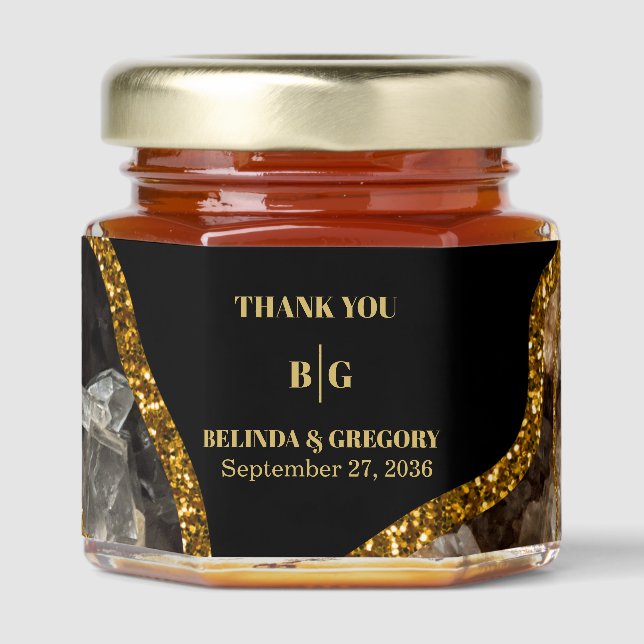Black & Gold Agate Geode Glitter Wedding Honey Jar Favors (Front)