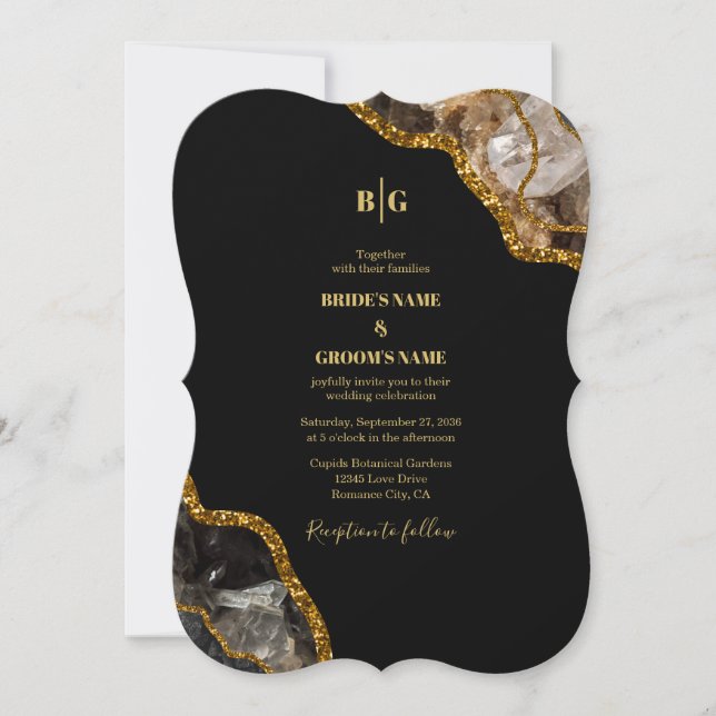 Black & Gold Agate Geode Glitter Wedding Invitation (Front)