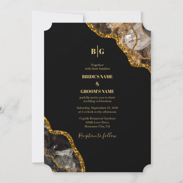 Black & Gold Agate Geode Glitter Wedding Invitation (Front)