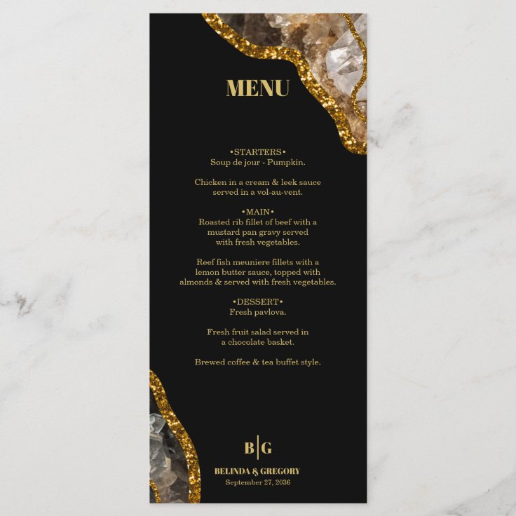 Black & Gold Agate Geode Glitter Wedding Menu | Zazzle