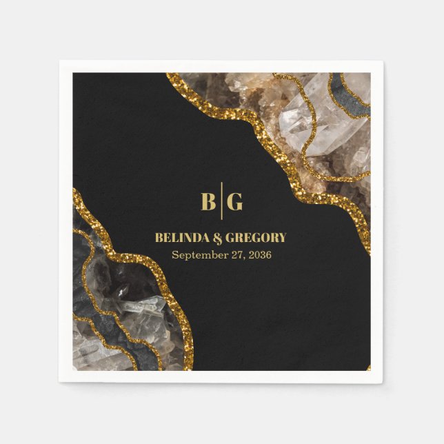 Black & Gold Agate Geode Glitter Wedding  Napkins (Front)
