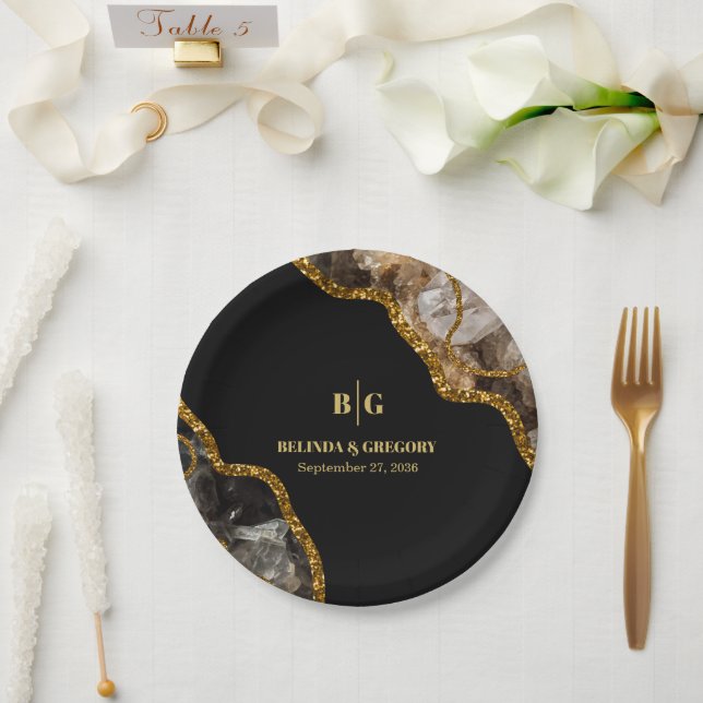 Black & Gold Agate Geode Glitter Wedding  Paper Plates (Wedding)