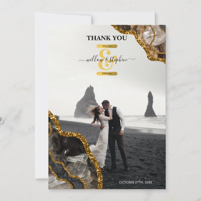 Black & Gold Agate Geode Glitter Wedding Photo Thank You Card (Front)