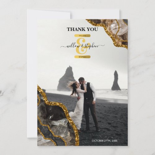 Black  Gold Agate Geode Glitter Wedding Photo Thank You Card