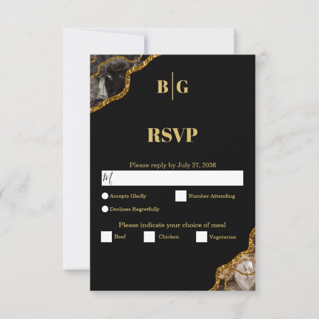 Black & Gold Agate Geode Glitter Wedding RSVP Card (Front)