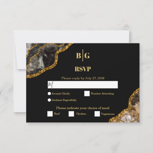 Black  Gold Agate Geode Glitter Wedding  RSVP Card