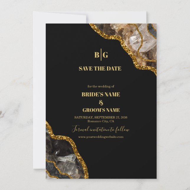 Black & Gold Agate Geode Glitter Wedding Save The Date (Back)