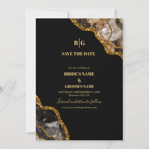 Black  Gold Agate Geode Glitter Wedding Save The Date