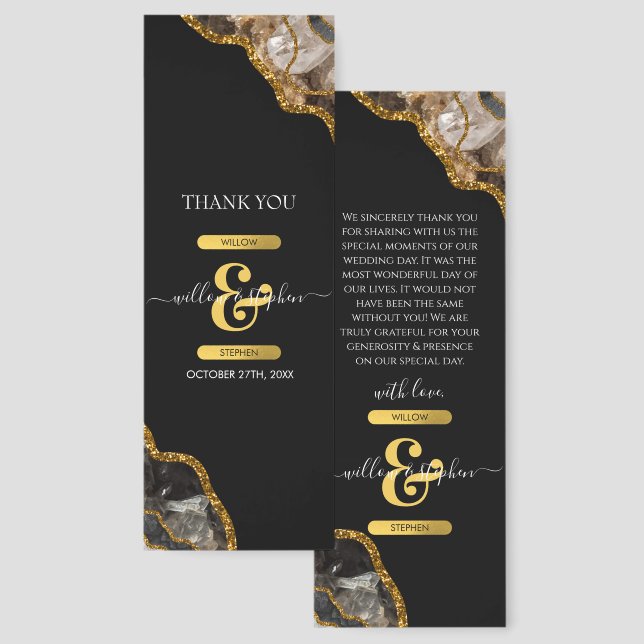 Black & Gold Agate Geode Glitter Wedding Thank You Bookmarks (Front & Back)