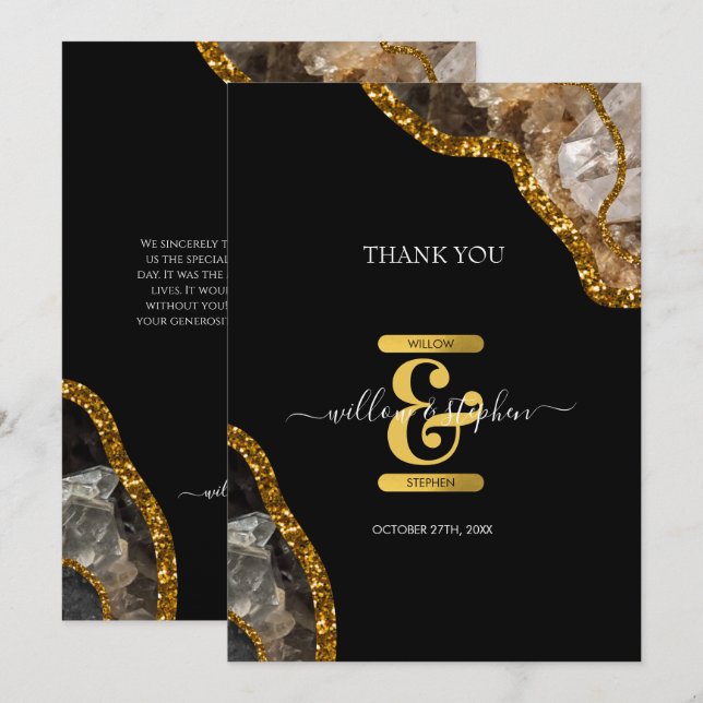 Black & Gold Agate Geode Glitter Wedding Thank You Card (Front/Back)