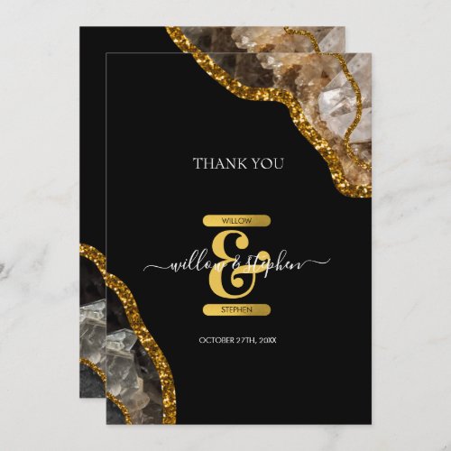 Black  Gold Agate Geode Glitter Wedding Thank You Card