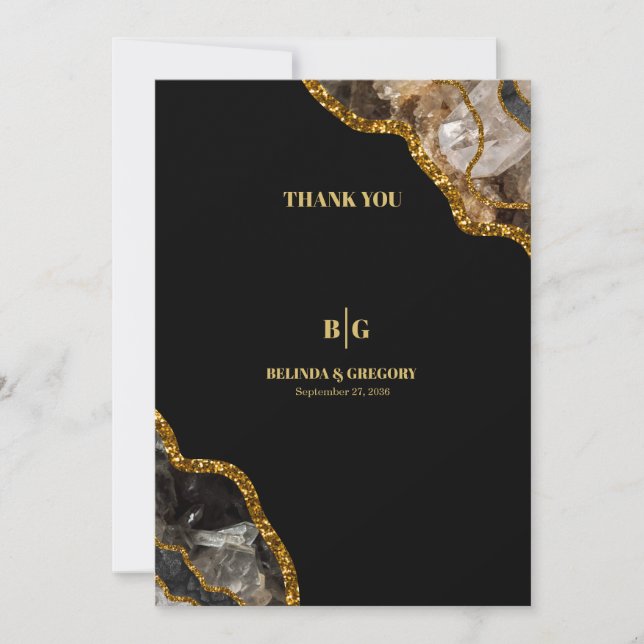 Black & Gold Agate Geode Glitter Wedding Thank You Card (Front)